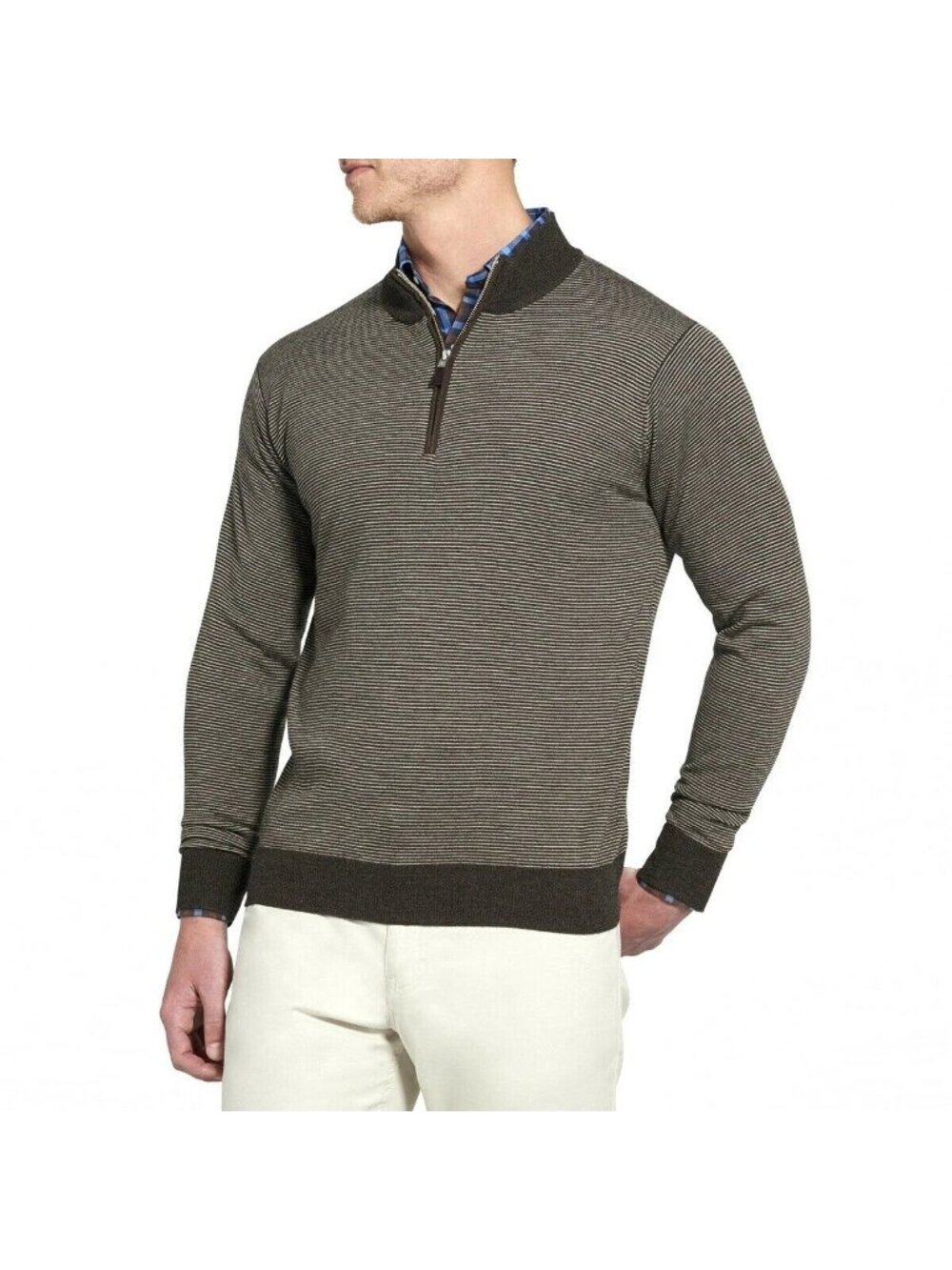 Peter Millar 100% Merino Wool Needle-Stripe Quarter-Zip Sweater Brown Size L